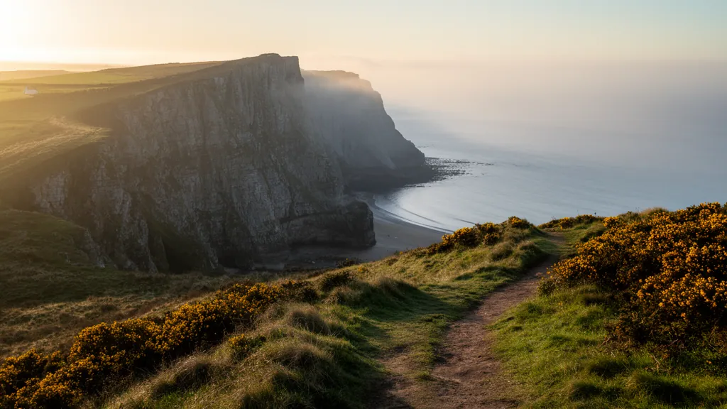 Further along the cliff path, descending around a gorse headland above the sea