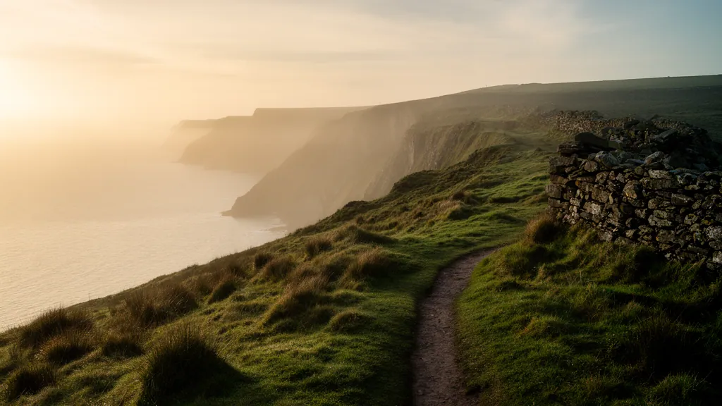 The cliff path turning inland past a dry-stone wall, the bay receding behind