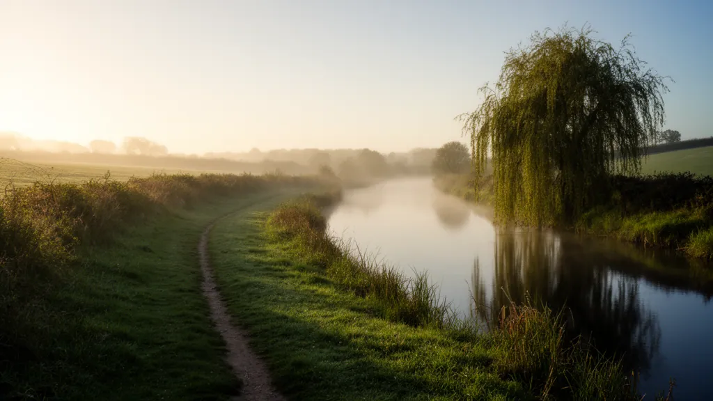 The river path following a gentle bend, a willow overhanging the glassy water