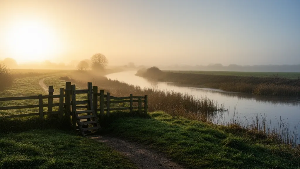 A wooden step stile set in a fence where the path crosses, misty water beyond