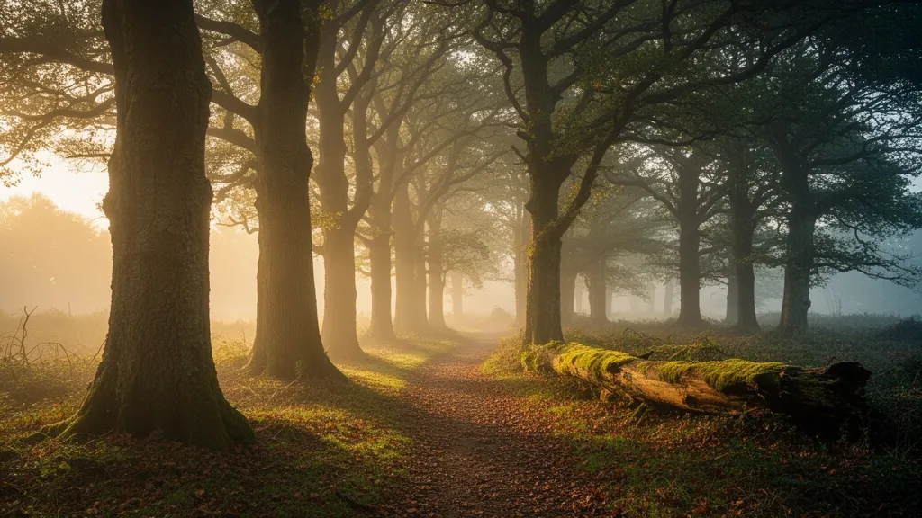 Deeper in the woodland, the path turning between broad trunks past a fallen mossy log