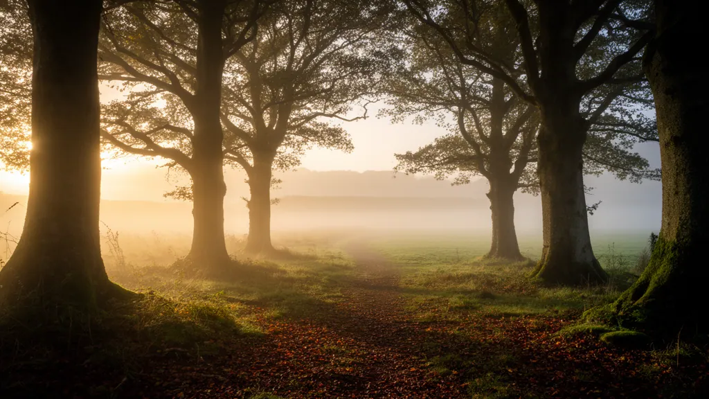 The far edge of the woodland, the path emerging towards brighter, misted open ground