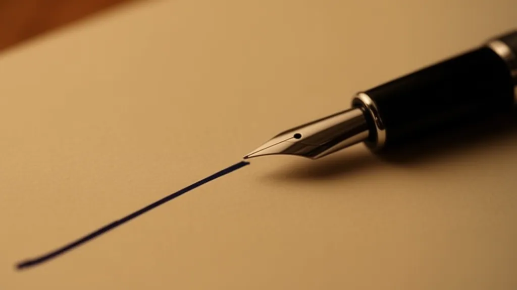 A fountain pen nib resting on cream letter paper beside a single drawn ink line