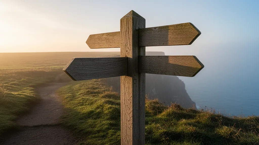 A weathered oak fingerpost with four blank arms beside the cliff path at dawn