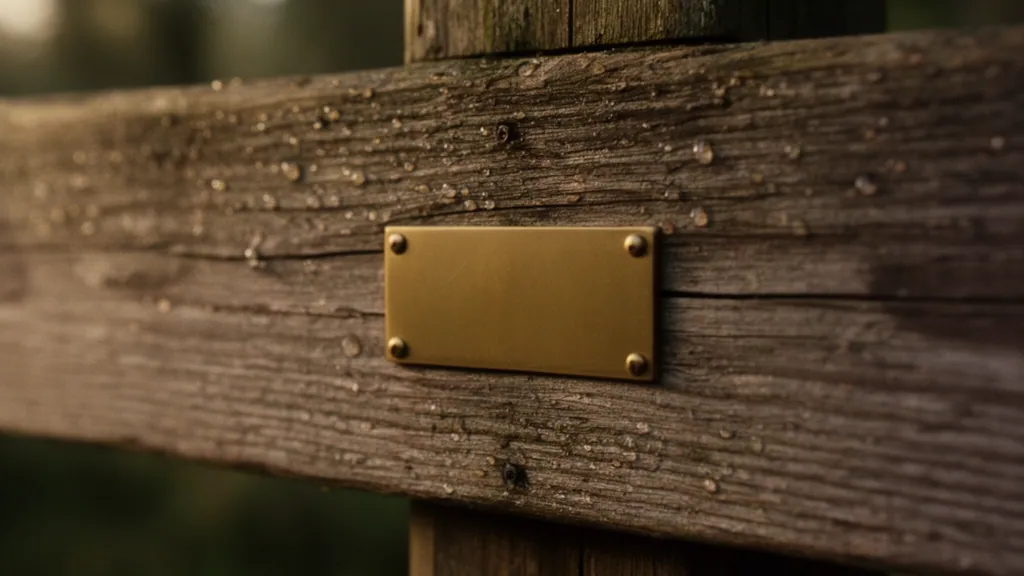 Close-up of weathered oak grain and a small brass plate bearing the Regis Bentley wordmark, with dew droplets