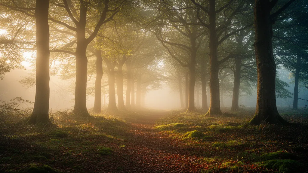A path through ancient beech woodland, low golden light between the trunks