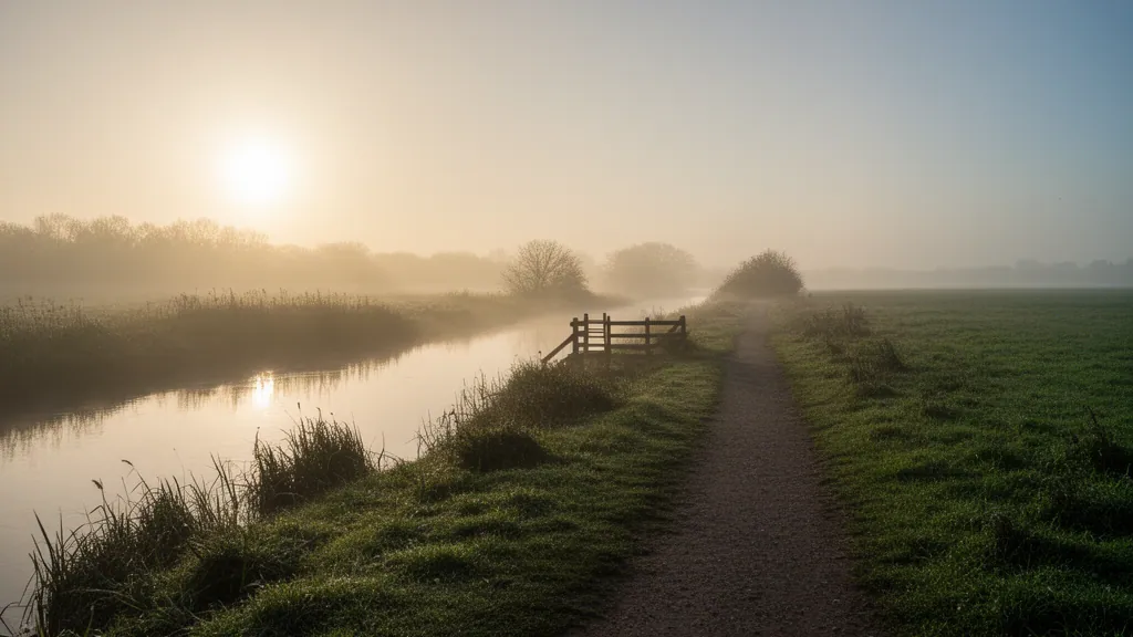 A slow river beside a grass path, glassy water and reeds, a wooden stile in the middle distance