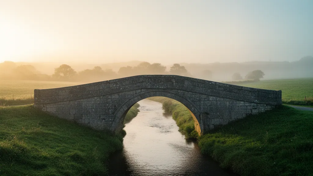 An old grey stone packhorse bridge over a slow river, meadow beyond, composed centrally