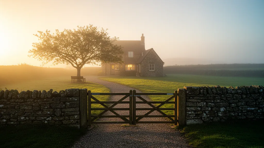 A closed wooden gate in a low dry-stone wall, a gravel path leading to a warm-lit stone house